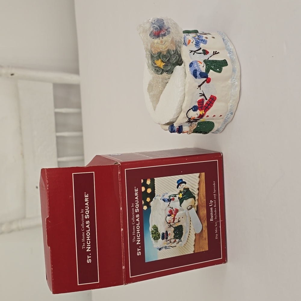 NIB St. Nicholas Square Snowmen Button Up Dip Mix Set Bowl Spreader Holiday